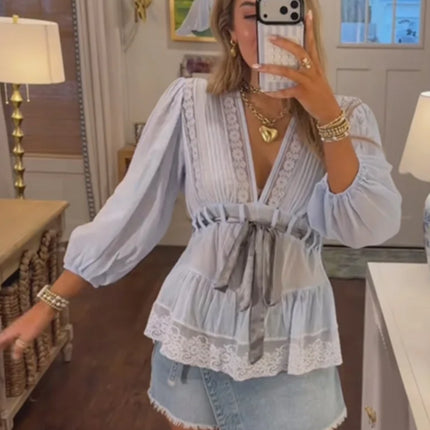 Elegant Lace Patchwork Women Shirt Half Sleeve V-Neck Lace Up Waist-Closed Lady Top 2026 Spring Summer Casual Female Streewear