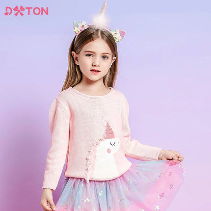 DXTON Baby Girl Knitted Sweater Thicken Loose Pullover Kids Tops Unicorn Applique Winter Warm Knitting Solid Children Sweaters