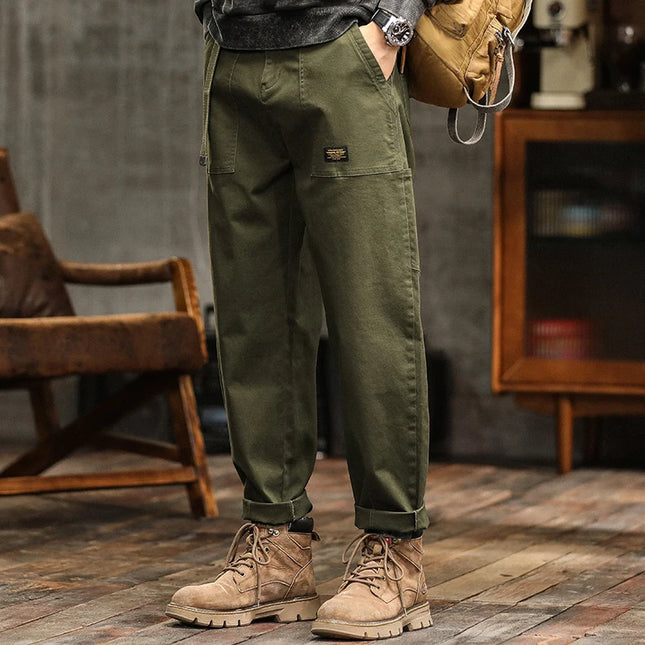 HIQOR Men's Clothing Spring Autumn Cargo Pants Men Cotton Casual Loose Trousers Belt Mid Waist Joggers Male Straight Baggy Pants