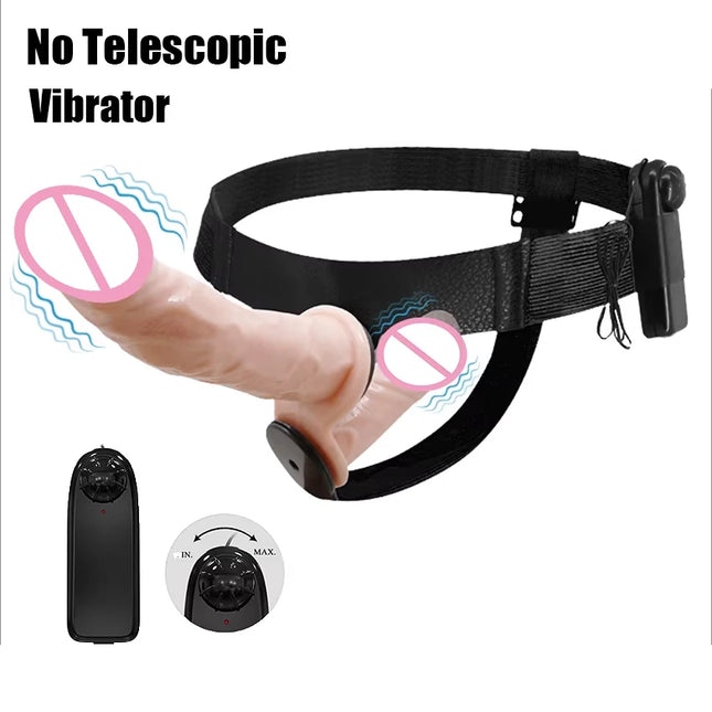 Realistic Telescopic Strap-On Remote Vibrating Dildo Vibrator with 10 Vibration Modes Harness Sex Toys for Female Lesbians 18+