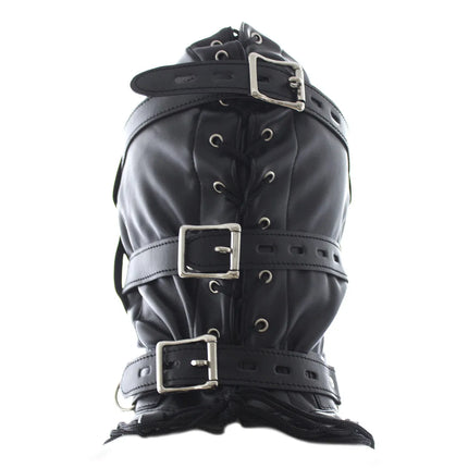 PU Leather BDSM Bondage Hood Sensory Deprivation Mask With Blindfold Removable Dildo Gag Lockable Head Harness Sex Toys  Couples