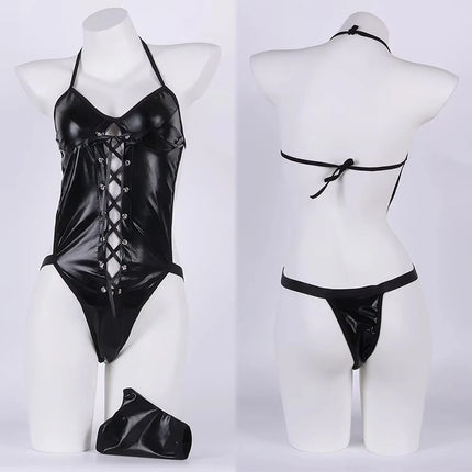 Porn Latex Leather Underwear Women Bandage Hollow Teddies Bodysuit Erotic Costumes Halter Deep V Bodysuits Sexy Lingerie Corsets