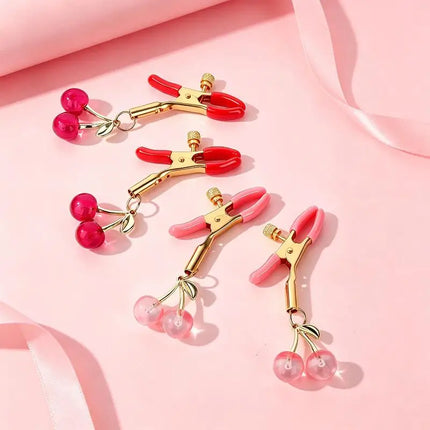 Amour NookCute Cherry Pendant Nipple Clamps 1 Pairs Adjustable Soft Silicone Tip Gold Plated Perfect For Couple Intimate Fun