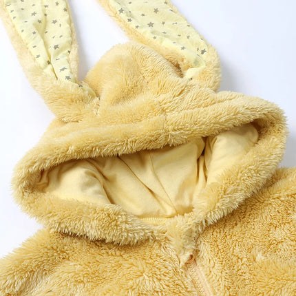 Baby Plush Rompers Winter Toddler Warm Polar Fleece Outfits Newborn Long Sleeve Bunny Ear Hooded Zipper Closure Jumpsuits