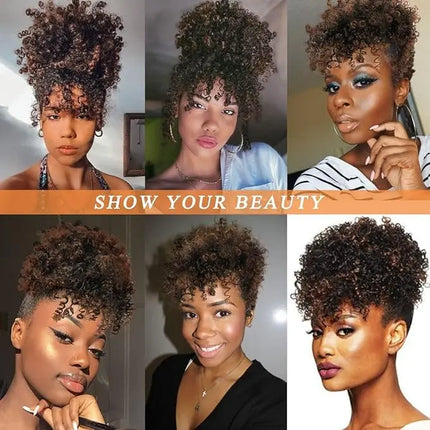Afro Puff Drawstring Ponytail with Bangs Pineapple Updo Hair for Black Women, Short Kinky Curly Synthetic Ponytail Bun