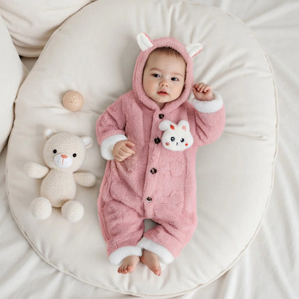 Pudcoco Baby Winter Plush Hood Romper Cute Bunny Long Sleeve Zip Up Full Length Bodysuit Snowsuit 0-12M
