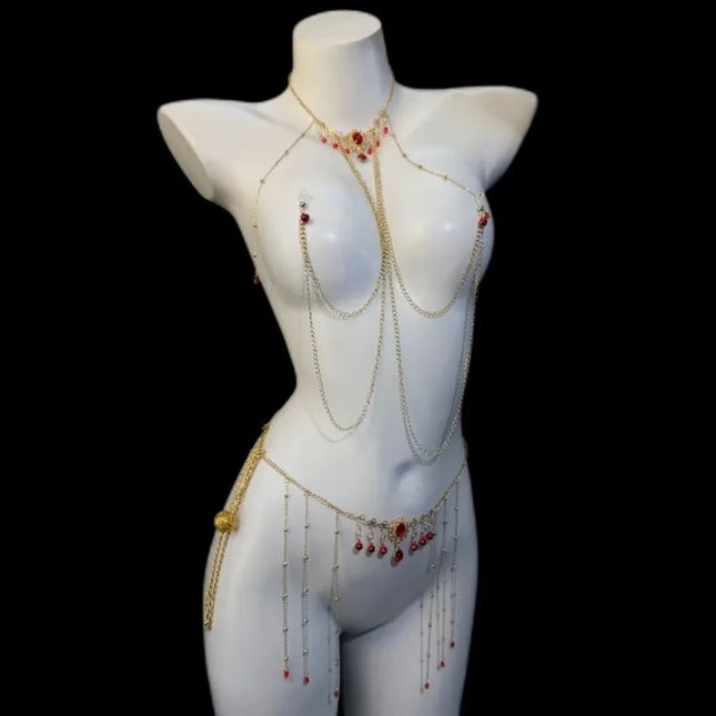 Red Gem Nipple Clamps Body Chain Integrated Breast Clips Bell Pendants Sensual Body Restraint Sexy Accessories Adult Sex Toys