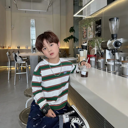 2025 Autumn Children's Clothes Girls Long-Sleeved Base Shirts Cool Boys Striped Cotton T-Shirt Teen Loose Casual 2-7Y Kids Top