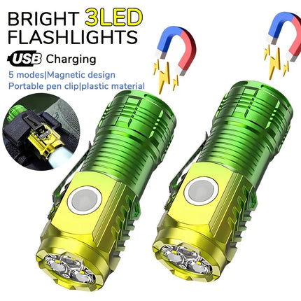Mini 3LED Flashlight With Pen Clip，Tail Magnet, Portable Brightness,Rechargeable Waterproof Emergency Spotlight Outdoor Torch