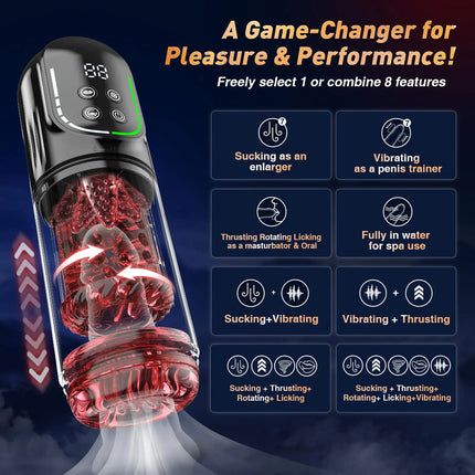 Automatic Thrusting Rotation Male Masturbator Sucking Licking LCD Vacuum Penis Pump Water SPA Real Pocket Pussy Sex Toys for Men