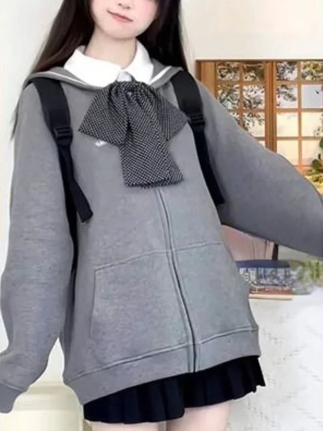 Japanese Grunge Letter Embroidery Hoodie Harajuku Vintage Sailor Collar Zipper Jacket Casual Sweatshirt Y2k Aesthetic Streetwear