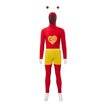 El Chapulin Colorado Cosplay Costume Red Hoodie Jumpsuit with Antennae CH Heart Printed Bodysuit Halloween Carnival Suits