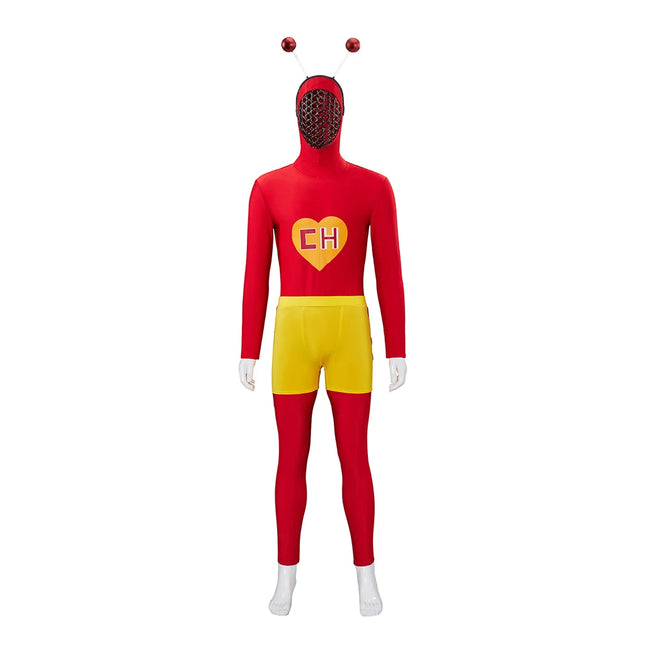 El Chapulin Colorado Cosplay Costume Red Hoodie Jumpsuit with Antennae CH Heart Printed Bodysuit Halloween Carnival Suits