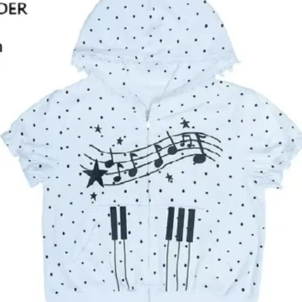 Polka Dot Music Note Print Hoodie Women Zip Up Lace Trim Short Sleeve Y2K Kawaii Coquette Casual Summer Sweatshirt
