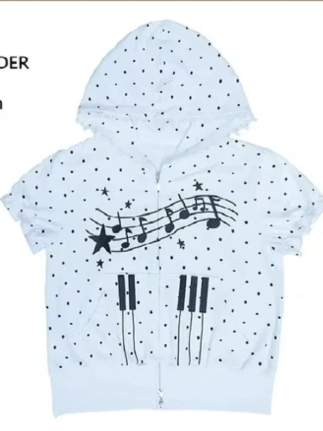 Polka Dot Music Note Print Hoodie Women Zip Up Lace Trim Short Sleeve Y2K Kawaii Coquette Casual Summer Sweatshirt