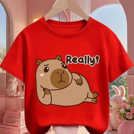Cute Kawaii Capybara Crew Neck T Shirt Summer 3-14Y Boys Girls Fashion Street Hot Cartoon Casual Children