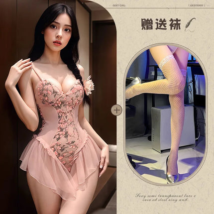 Elegant Lace Bodysuit Pure Desire Flower Vine Embroidery Open-Crotch Sensual Uniform Temptation Ballet Sleepwear for Women