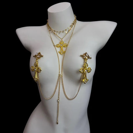 2026 New SM Gold-Tassel Nipple Clamps Cross-Adorned Diamond Collar Sexy Body Chains Training Erotic Restraints Adult Sex Toy18+