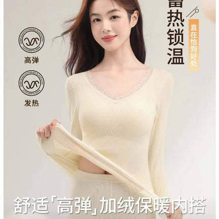 Women's Heated Underwear Set, Winter Fleece Lined Seamless Base Layer Top & Pants with Removable Bra, Thermal Wear MOYISU M-2XL