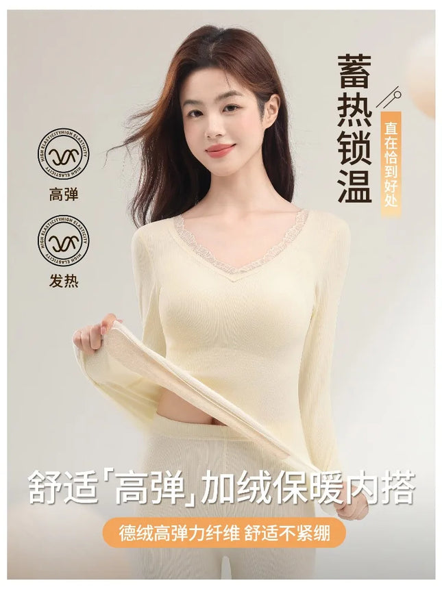 Women's Heated Underwear Set, Winter Fleece Lined Seamless Base Layer Top & Pants with Removable Bra, Thermal Wear MOYISU M-2XL