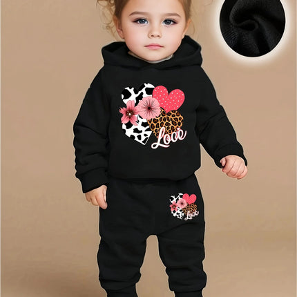 Baby Girl Love Love Flower Pattern Hoodie+Casual Pants Two Piece Set Spring and Autumn Sportswear