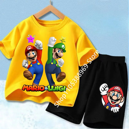 Super Marios Printed Kids Tracksuit Set Short Sleeve T Shirt & Loose Shorts 2PCS Casual Outfit For Boys And Girls Age 3-12