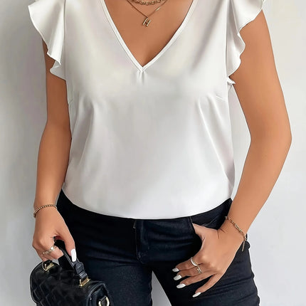 Plus Size Women's White Satin Blouse V-Neck Ruffle Sleeve Loose Casual Office Top (0XL-4XL)