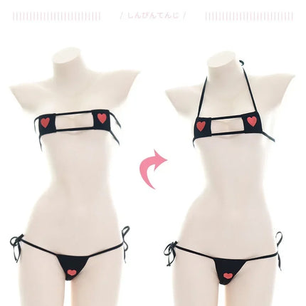 Women Japanese Sexy Lingerie Lolita Kawaii Heart Bandage Anime Cosplay Mini Bikini  Erotic Costume Bra Underwear Set