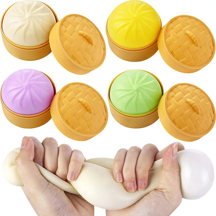 Color Glitter Dumpling Squishes Stress Balls Fidget Sensory Toys Simulation Food Squishies Bun with Steamer Squeeze Dough Gifts