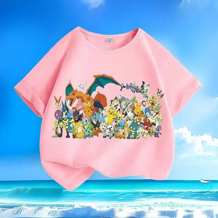 New Pokemon Pikachu Summer Cartoon Short-sleeved T-shirts for Men, Women, Adults and Children, Pure Cotton Round-neck Loose Top
