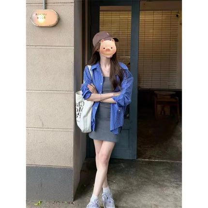 Blue Plaid Casual Sle Women's irt Jaet Loose Fit Autumn Outerwear Open Cardigan Top Seasonal Collection  Collar