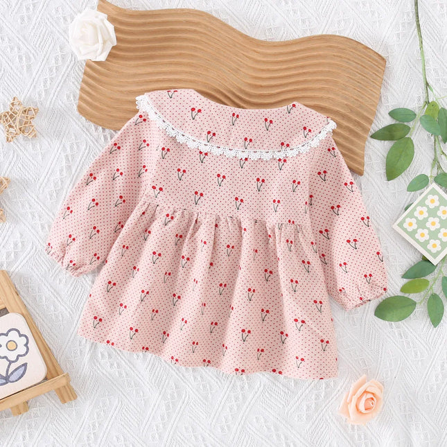 Spring and Autumn New Children's Skirt 0-3 Year Old Baby Girl Cartoon Cherry Fresh Dress Bow Decoration Collar Top