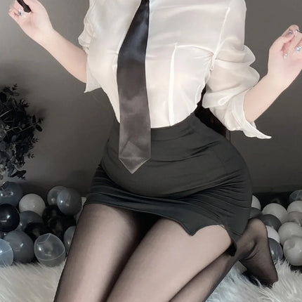 Sexy Pure Desire Summer Top Skirt Set Secretary Style OL Career White Shirt Women's Slim Fit Casual Fashion V-neck Polyester