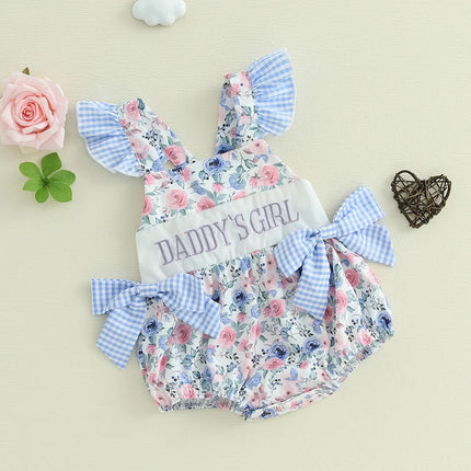 Baby Girls Romper Fly Sleeve Flower Print Embroidery Letters Bow Infant Bodysuit Summer Clothes for Casual Daily