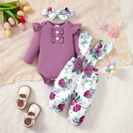 Newborn Girl Baby Set Purple Flared Sleeve Bodysuit + Flower Backband Pant for 0-24 Months Old Female Baby Spring & Autumn Set