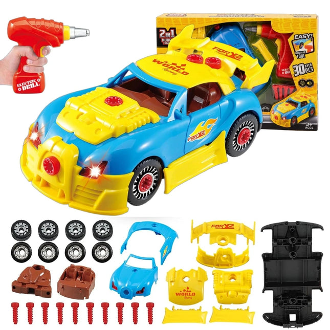 30Pcs Take-Apart Racing Car Building Toy, Electric Screwdriver with Lights & Sounds, DIY Gift Set for Boys 3-5 with Extra Screws