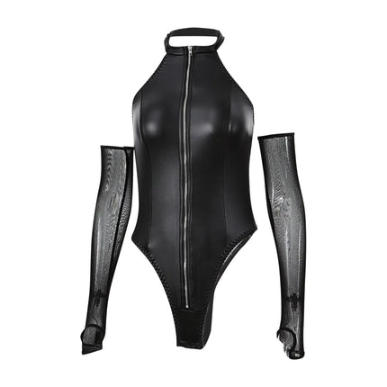 Sexy Open Crotch Leather Bodysuit For Women Zipper Latex Lingerie Halter Leather Mesh Bodysuit Shaping Teddies with Gloves Set