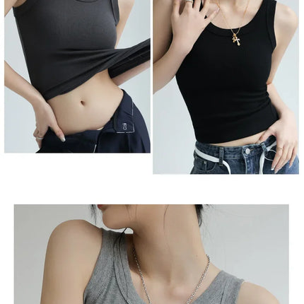 New Women Solid Round Neck Ribbed Tank Top Camisole Women Summer Basic Elastic TankTop One-piece Vest with Chest Pad Y2k