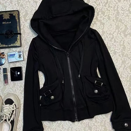 Black Fashion New Trend Women Casual Hoodie Retro Gothic Sweatshirts Hip Hop Punk Style Multifunctional High Street Cardigan