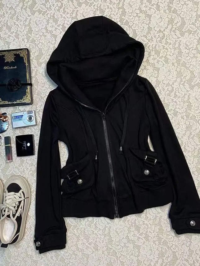 Black Fashion New Trend Women Casual Hoodie Retro Gothic Sweatshirts Hip Hop Punk Style Multifunctional High Street Cardigan