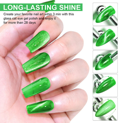 Green Cat Eye Gel Polish – Glossy Magnetic Gel Nail Polish with Holographic 9D Cat Eye Effect, Long-Lasting Soak Off UV LED Gel