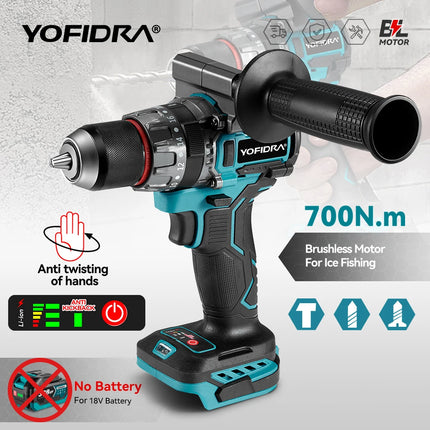 YOFIDRA 13MM 700N.m Brushless Electric Impact Drill 20+3 Torque  Cordless Screwdriver DIY Power Tool For Makita 18V Battery Pin