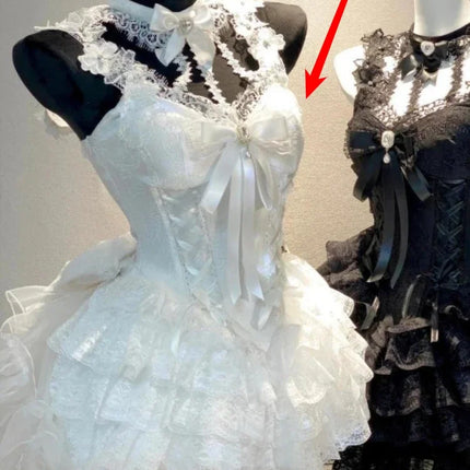 Japanese E-girl Gothic Vintage Dress Women Half High Neck Short Sleeve Bow Lace Mini Dress Cinch Waist Sweet Spicy Black Dress