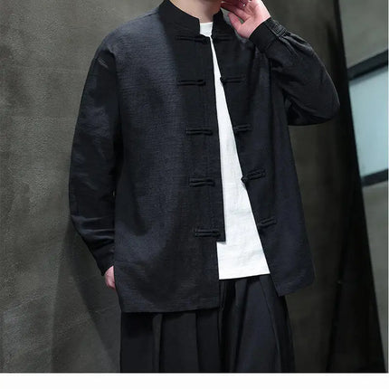 Chinese Style Men Long Sleeve Casual Shirt New 2026 Spring Vintage Mandarin Collar Loose Male Cotton Linen Tops Shirts N055