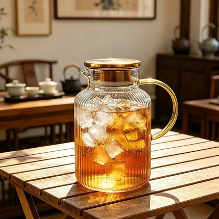 JUSTINLAU 1.8L Cold Water Pitcher High Borosilicate Glass Fruit Tea Kettle Stripe Boiled Water Jug Summer Juice Drink Tea Kettle
