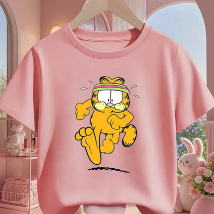 Garfield Cartoon Crew Neck T-Shirt Children Boys Girls Summer Cute Kawaii Fashion Street Casual Tops 3-14 Years