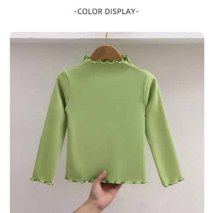 Girls' Long-Sleeve T-Shirt with Ruffle Edges, Soft and Warm Fashion Solid Color Tops, Cute Spring Autumn Casual Shirt for Kids