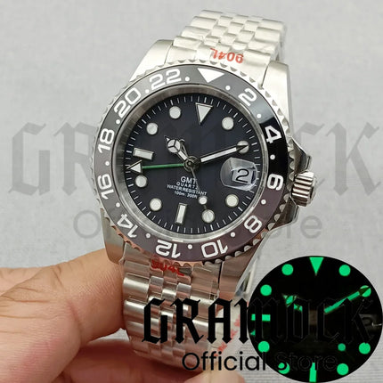40mm GMT Men's Watch Ceramic Bezel Sapphire Glass Luminous Dial 10Bar Waterproof Sapphire Glass Stainless Steel Glideclas