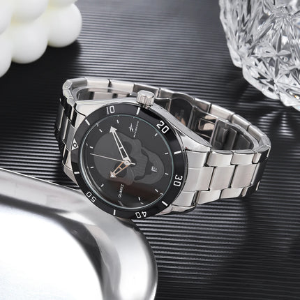 Skull patterned quartz watch, stainless steel strap+dial ring, with calendar display function, personalized and trendy design, s
