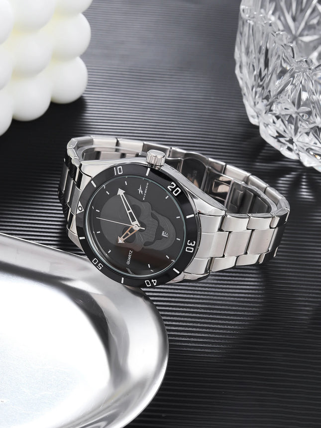 Skull patterned quartz watch, stainless steel strap+dial ring, with calendar display function, personalized and trendy design, s